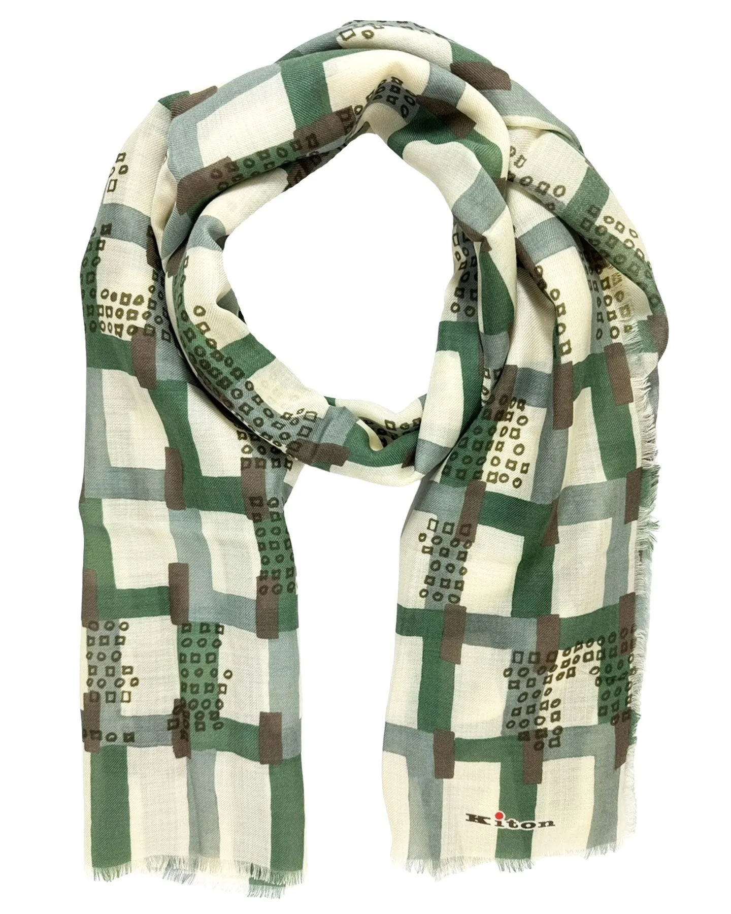 Kiton Cashmere Scarf Green Gray White Design