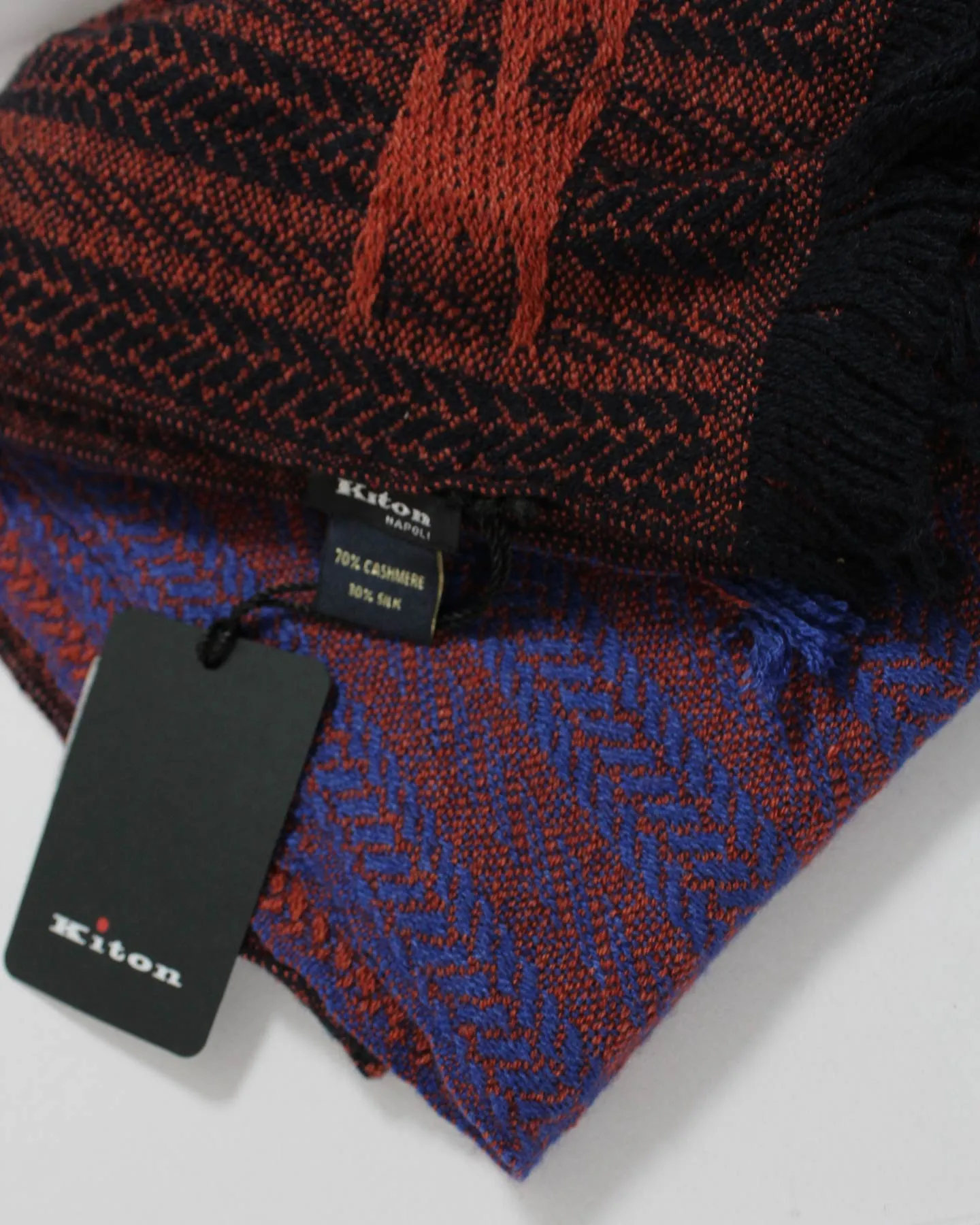 Kiton Cashmere Scarf Rust Brown Royal Blue Striped Pattern - Large Shawl SALE