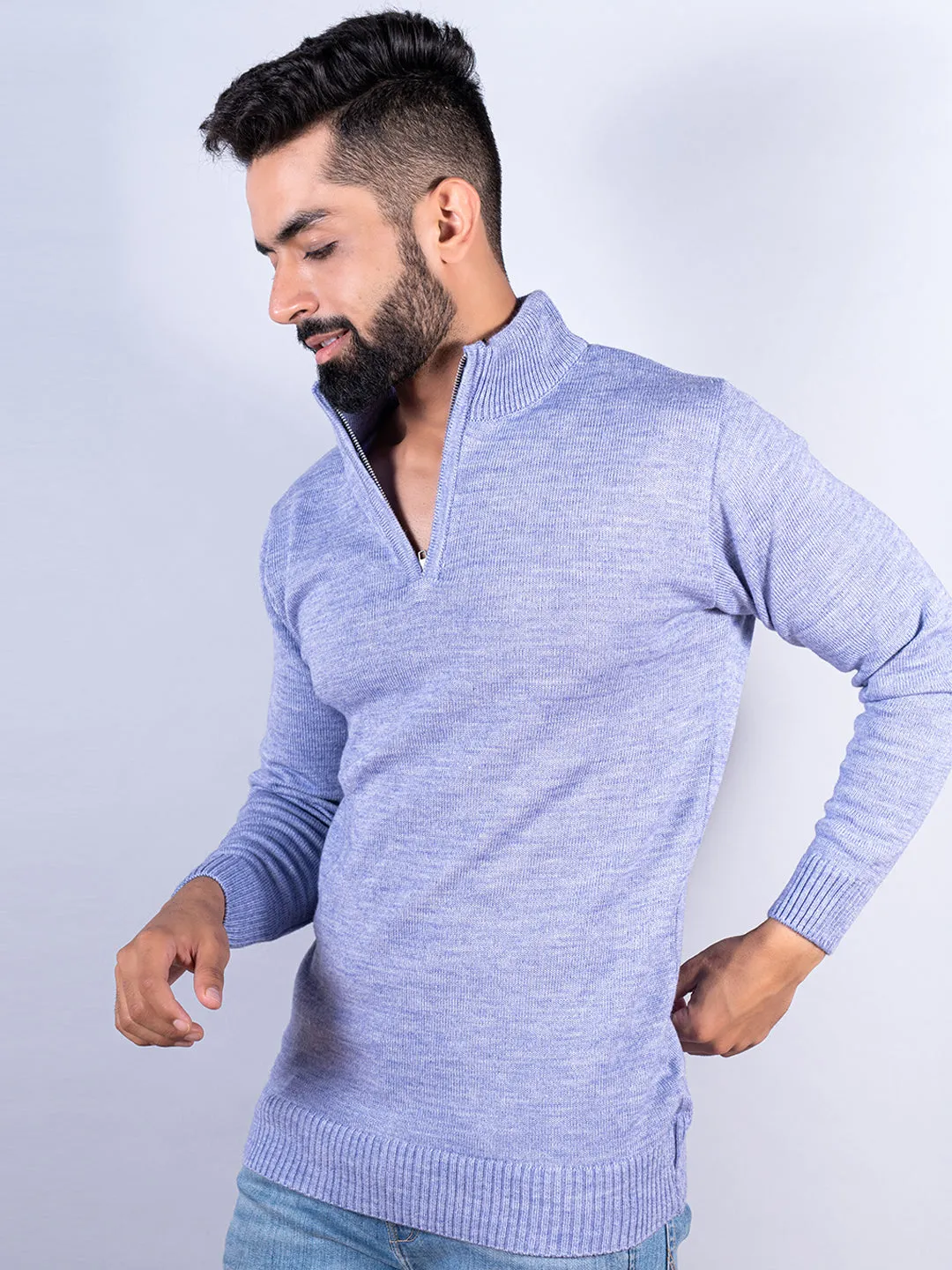 Lavender Color Classic Zipper Men's Sweater