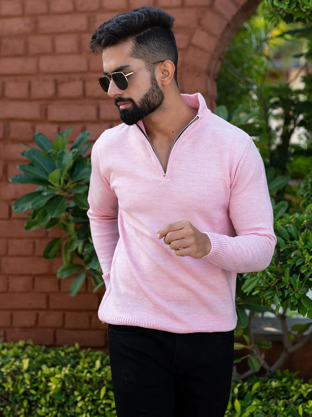 Light Pink Color Classic Zipper Men's Sweater