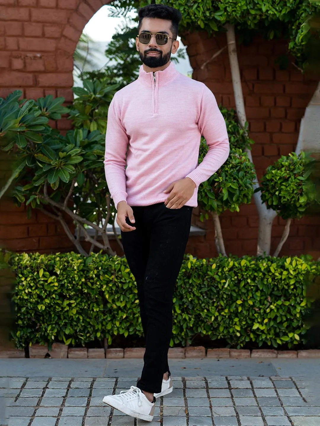 Light Pink Color Classic Zipper Men's Sweater