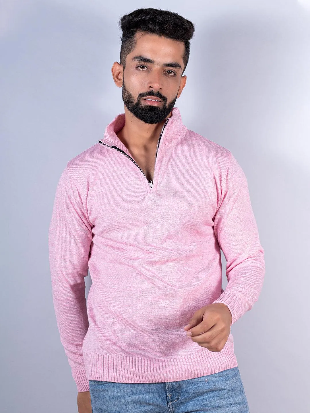 Light Pink Color Classic Zipper Men's Sweater