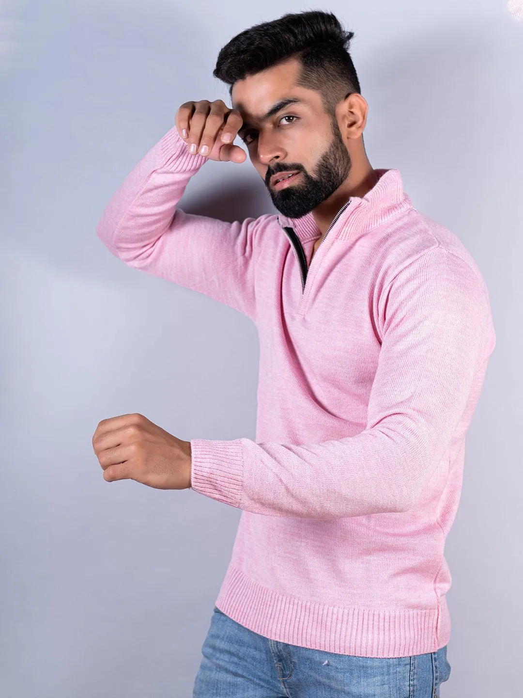 Light Pink Color Classic Zipper Men's Sweater