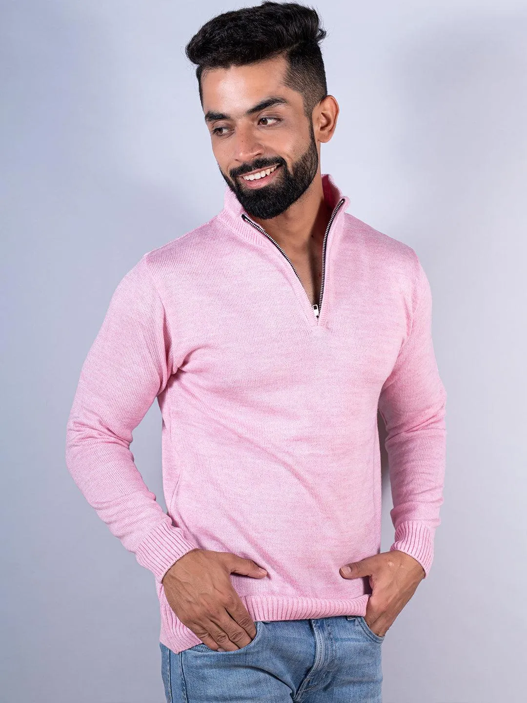 Light Pink Color Classic Zipper Men's Sweater