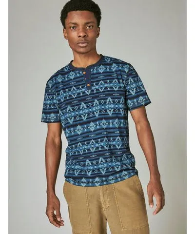 Lucky Brand Men's Indigo Jersey Azetc Print Short Sleeve Henley