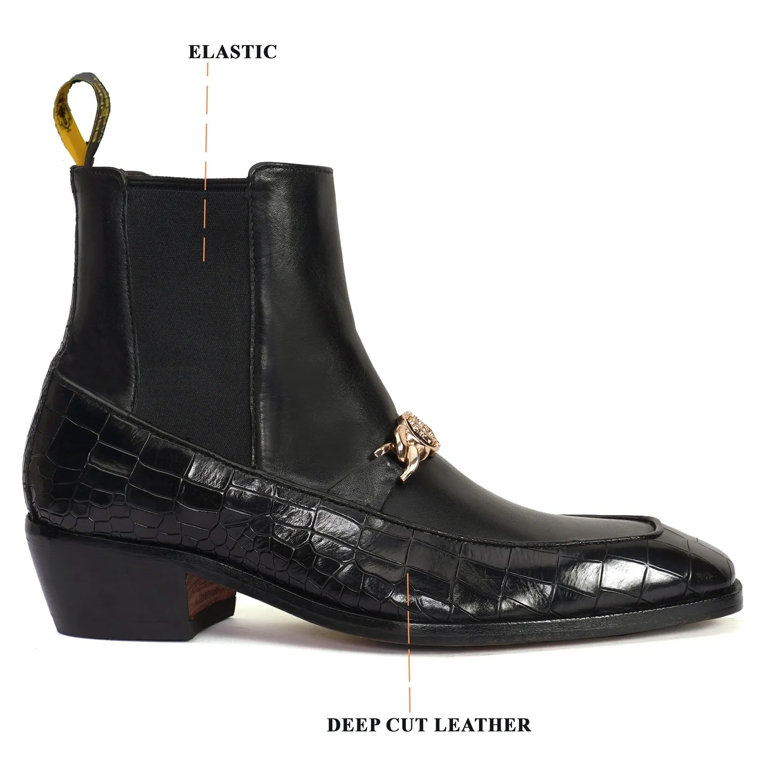 Luxury Black Croco and Plain Leather Cuban Heel Boots with Metal Chain Logo