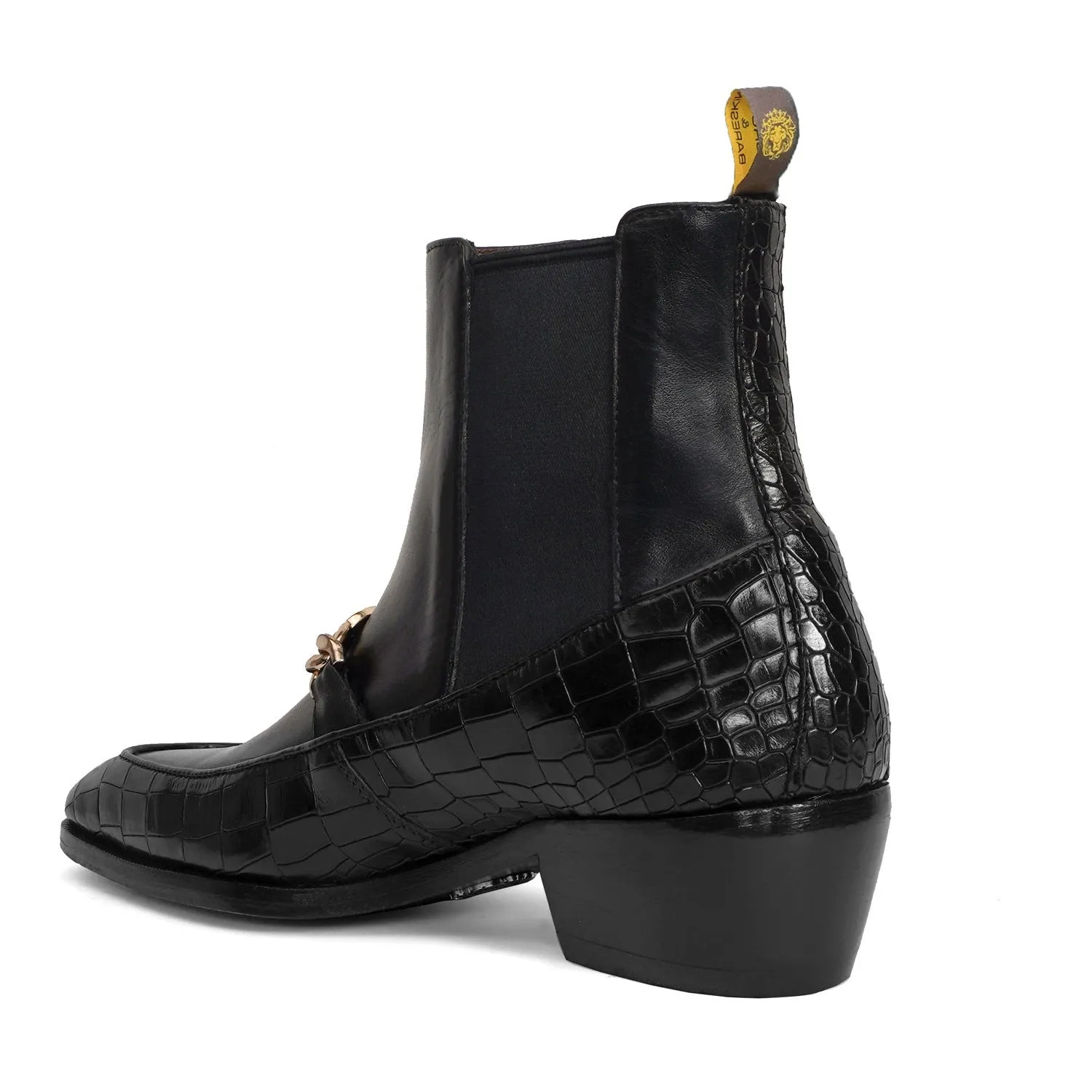 Luxury Black Croco and Plain Leather Cuban Heel Boots with Metal Chain Logo