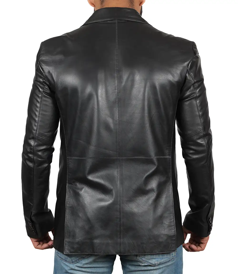 Men's Notch Lapel Two Button Black Leather Blazer Jacket