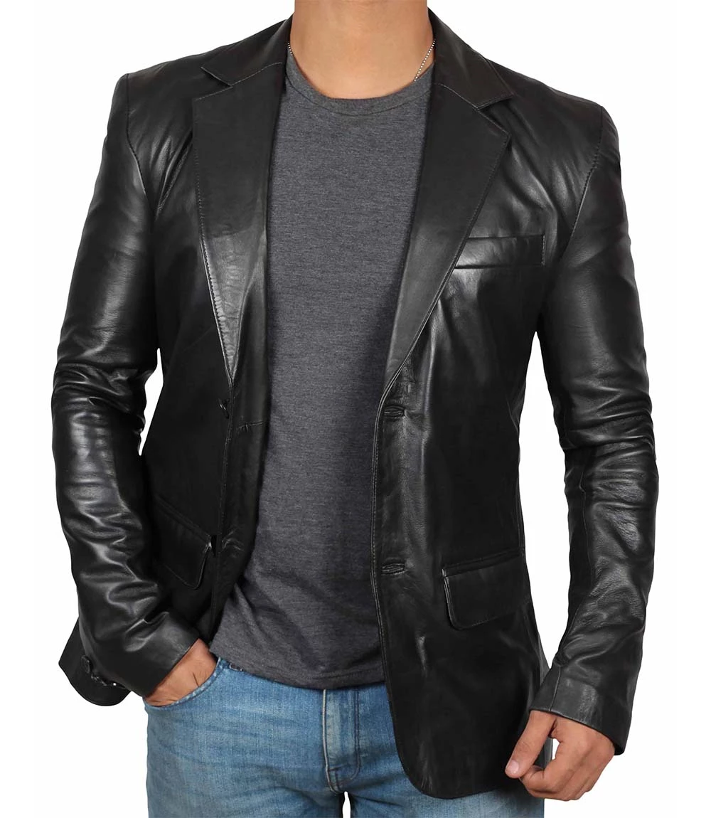 Men's Notch Lapel Two Button Black Leather Blazer Jacket