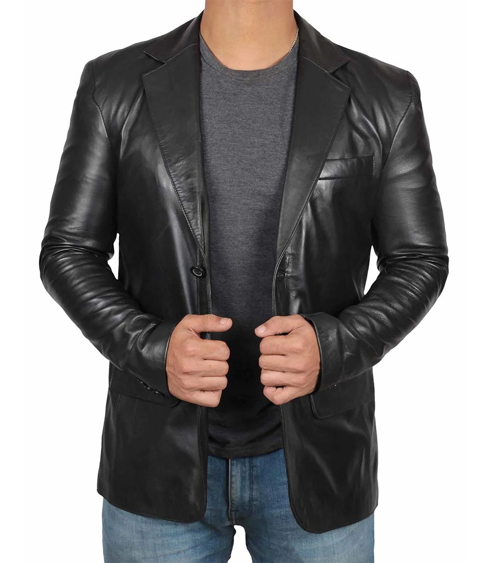 Men's Notch Lapel Two Button Black Leather Blazer Jacket