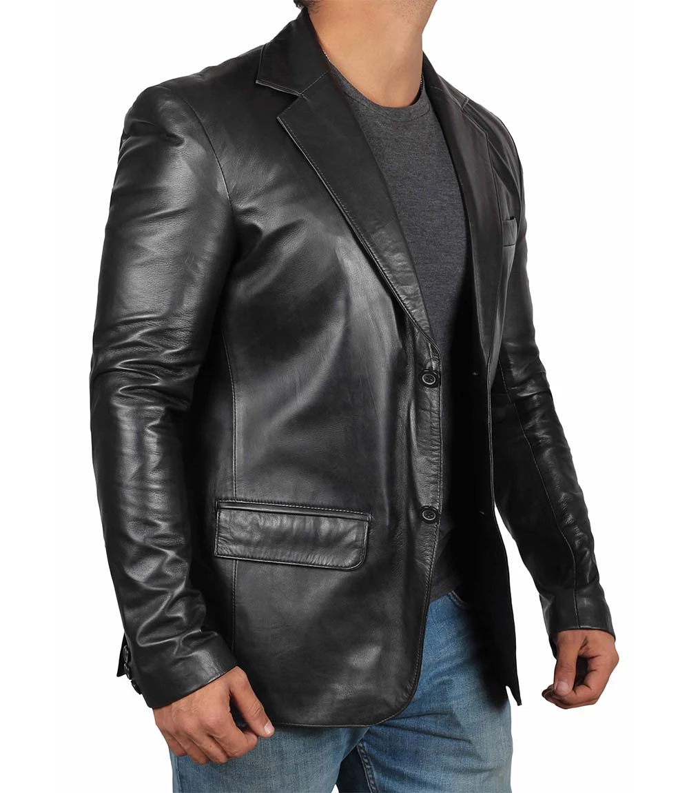 Men's Notch Lapel Two Button Black Leather Blazer Jacket