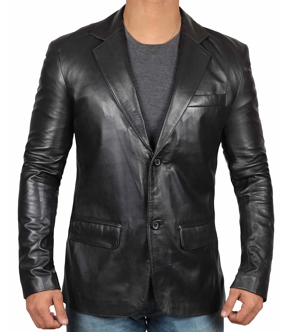 Men's Notch Lapel Two Button Black Leather Blazer Jacket