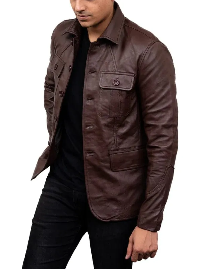 Men's 5 Button Blazer Coat Jacket Sheepskin Leather - Dark Brown