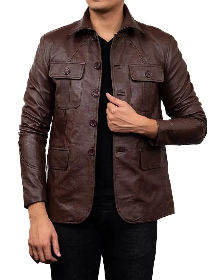 Men's 5 Button Blazer Coat Jacket Sheepskin Leather - Dark Brown