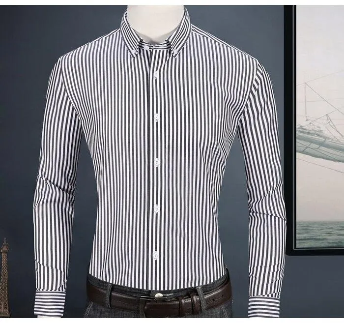 Men's Casual Long Sleeve Standard Fit Pinpoint Striped Cotton Shirt