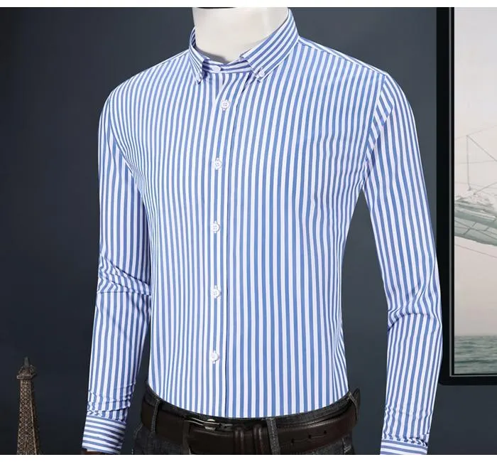 Men's Casual Long Sleeve Standard Fit Pinpoint Striped Cotton Shirt