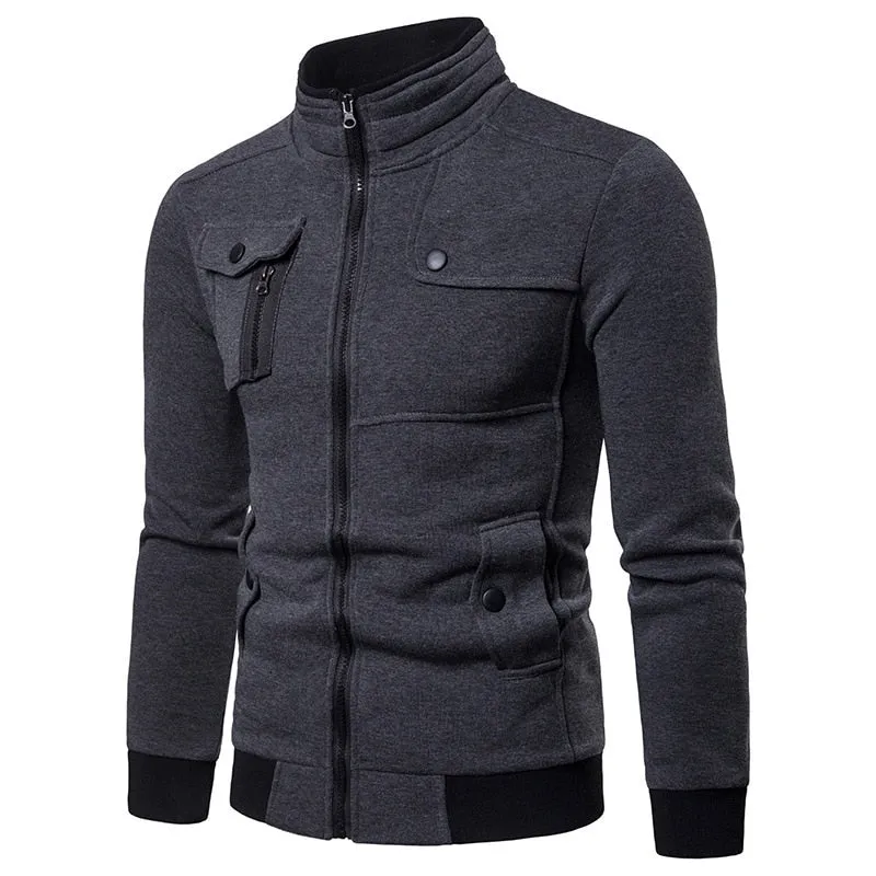 Men's Casual Stand Collar Multi Pocket Zipper Versatile Baseball Sweatshirt