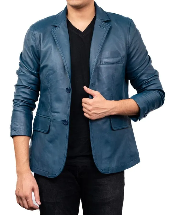 Men's Classic 2-Button Lambskin Leather Blazer - Blue