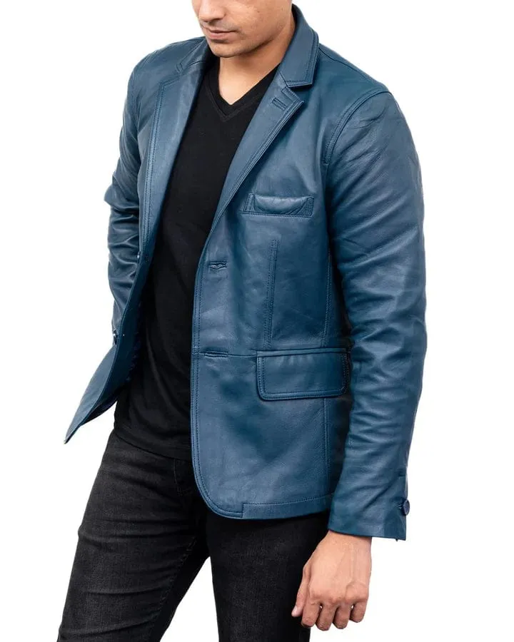 Men's Classic 2-Button Lambskin Leather Blazer - Blue