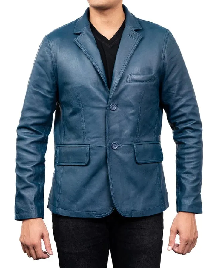 Men's Classic 2-Button Lambskin Leather Blazer - Blue