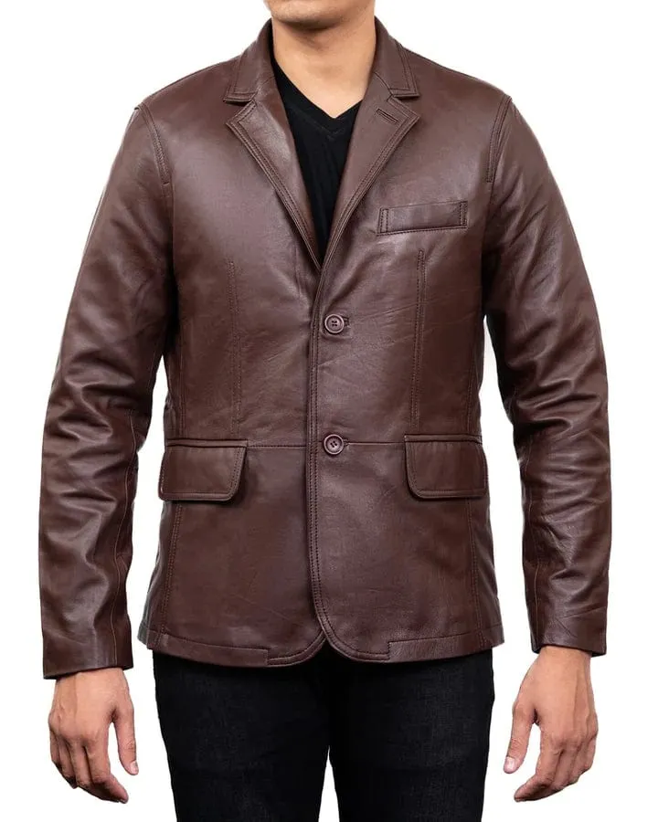 Men's Classic 2-Button Lambskin Leather Blazer - Dark Brown