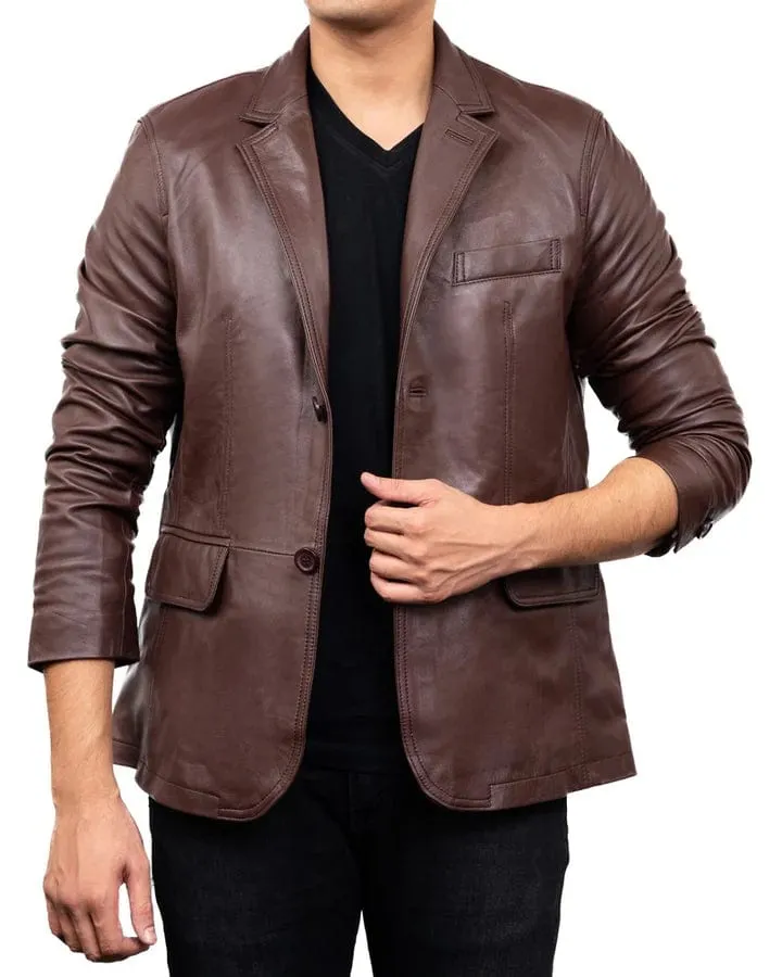 Men's Classic 2-Button Lambskin Leather Blazer - Dark Brown