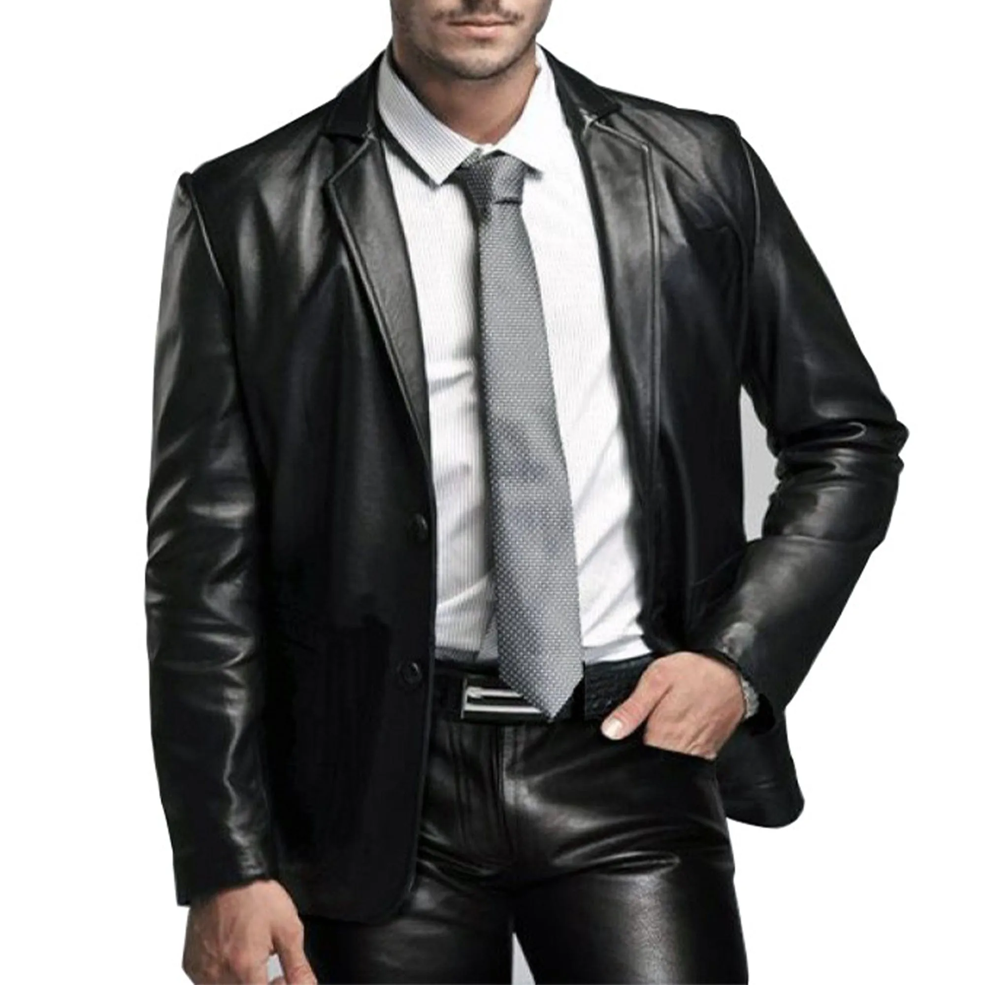 Men's Classic Genuine Leather Blazer Coat Jacket - BLACK