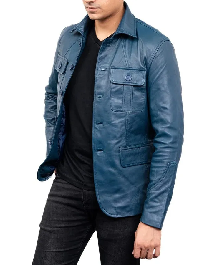 Men's Sheepskin Leather Blazer Coat Jacket 100% Genuine Leather - BLUE