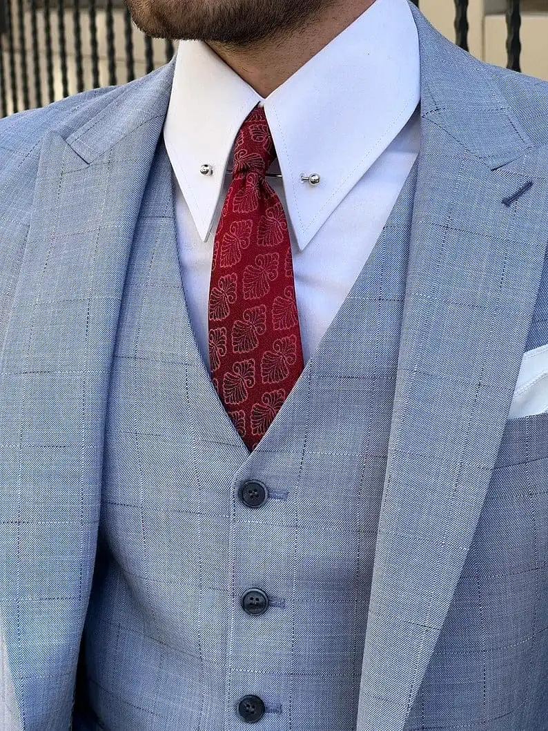 Mens Slim Fit Wool Plaid Blue Suit