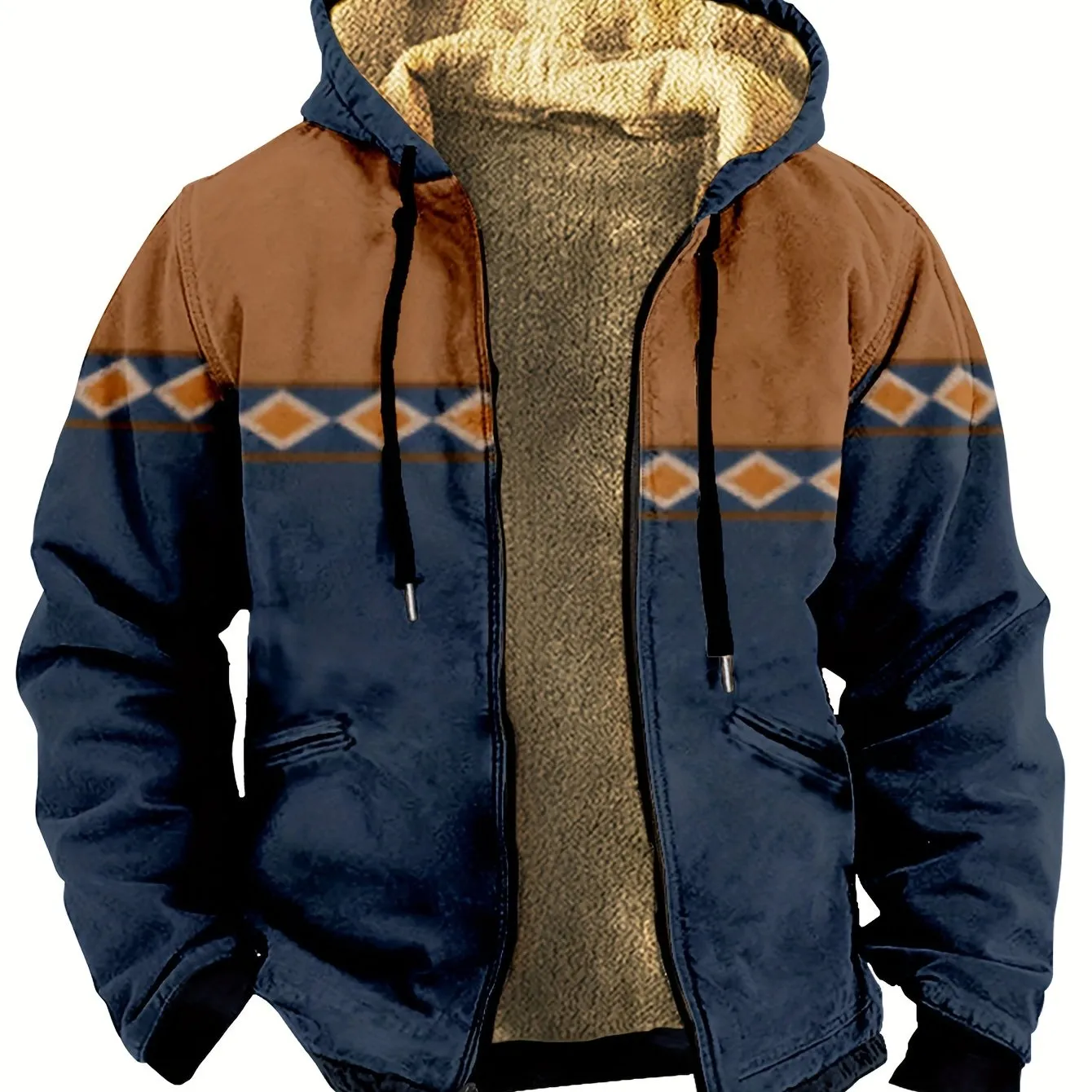 Men's Southwest Fleece Lining Thick Retro Hooded Jacket, Fleece Cold-resistant Warm Trendy Jacket For Winter