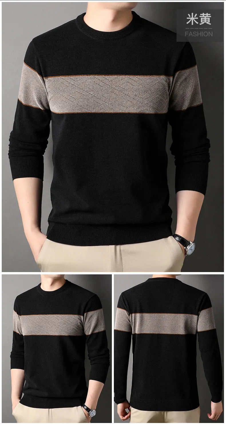 Men's Winter Beige Color O-Neck Flat Knitted Standard Wool Pullover