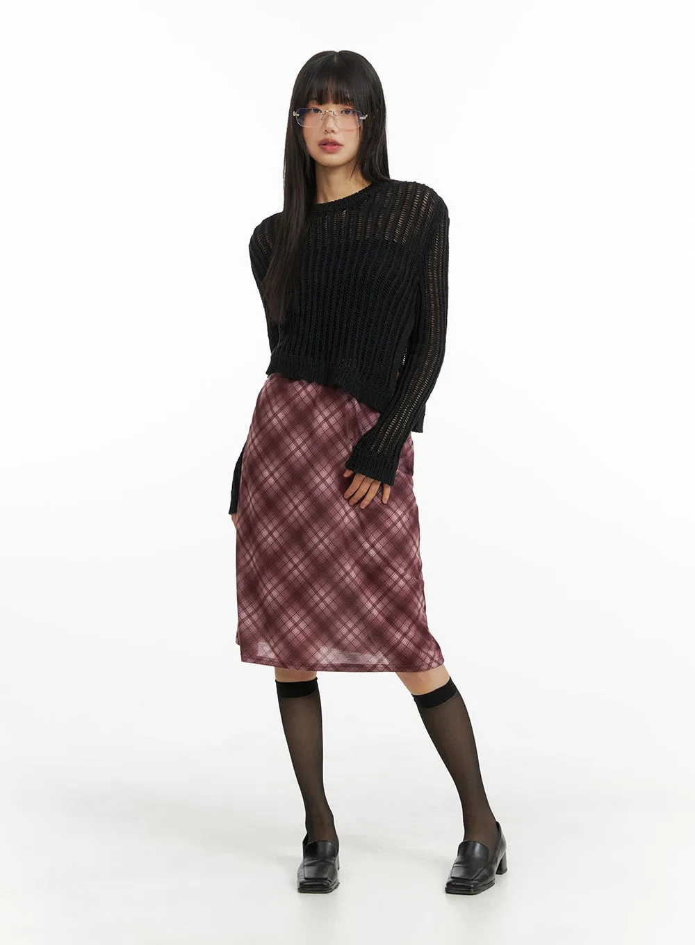 Middle Waist Checkered Midi Skirt CM413