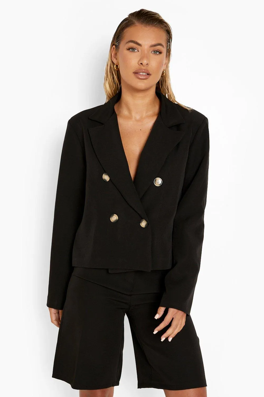 Mock Horn Boxy Cropped Tailored Blazer