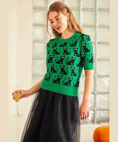 ModCloth Notes of Nostalgia Crewneck Pullover Top in Cats Eye