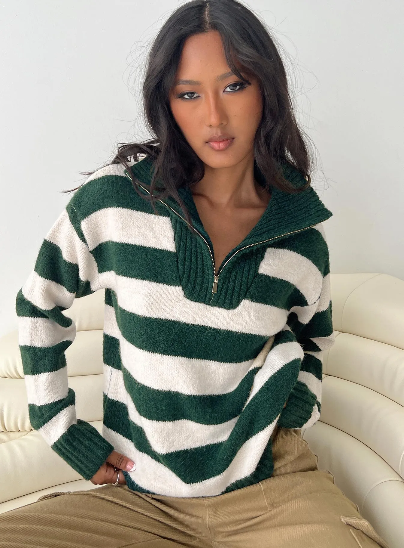 Neena Quarter Zip Jumper Green / Cream