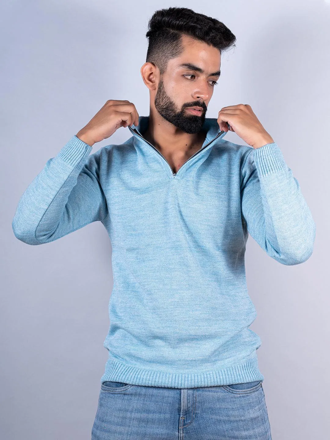 Powder Blue Color Classic Zipper Men's Sweater