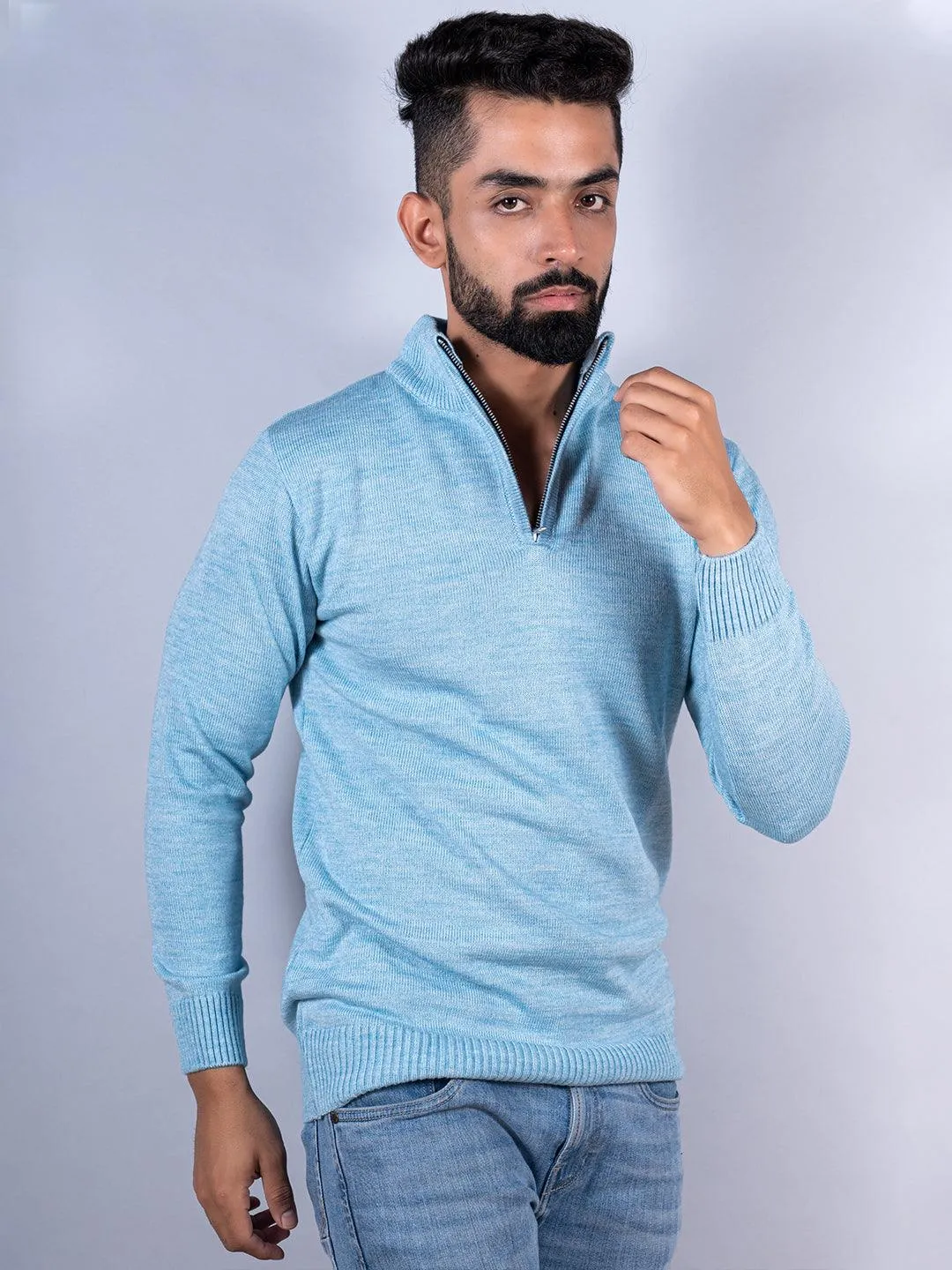 Powder Blue Color Classic Zipper Men's Sweater