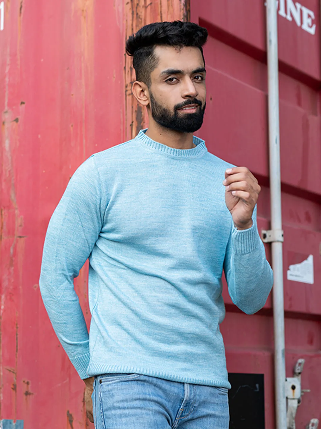 Powder Blue Color Crew Neck Men's Sweater