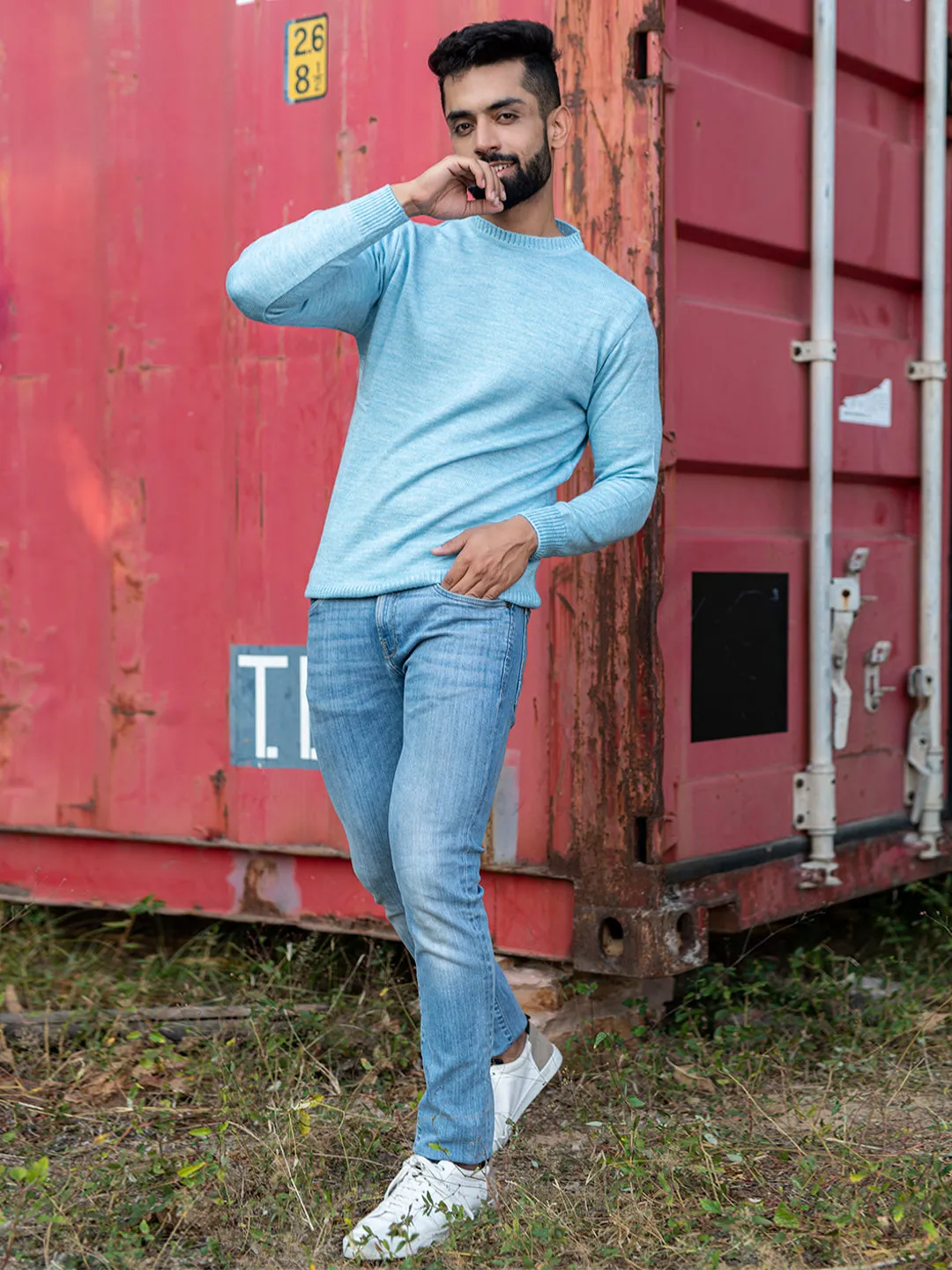 Powder Blue Color Crew Neck Men's Sweater