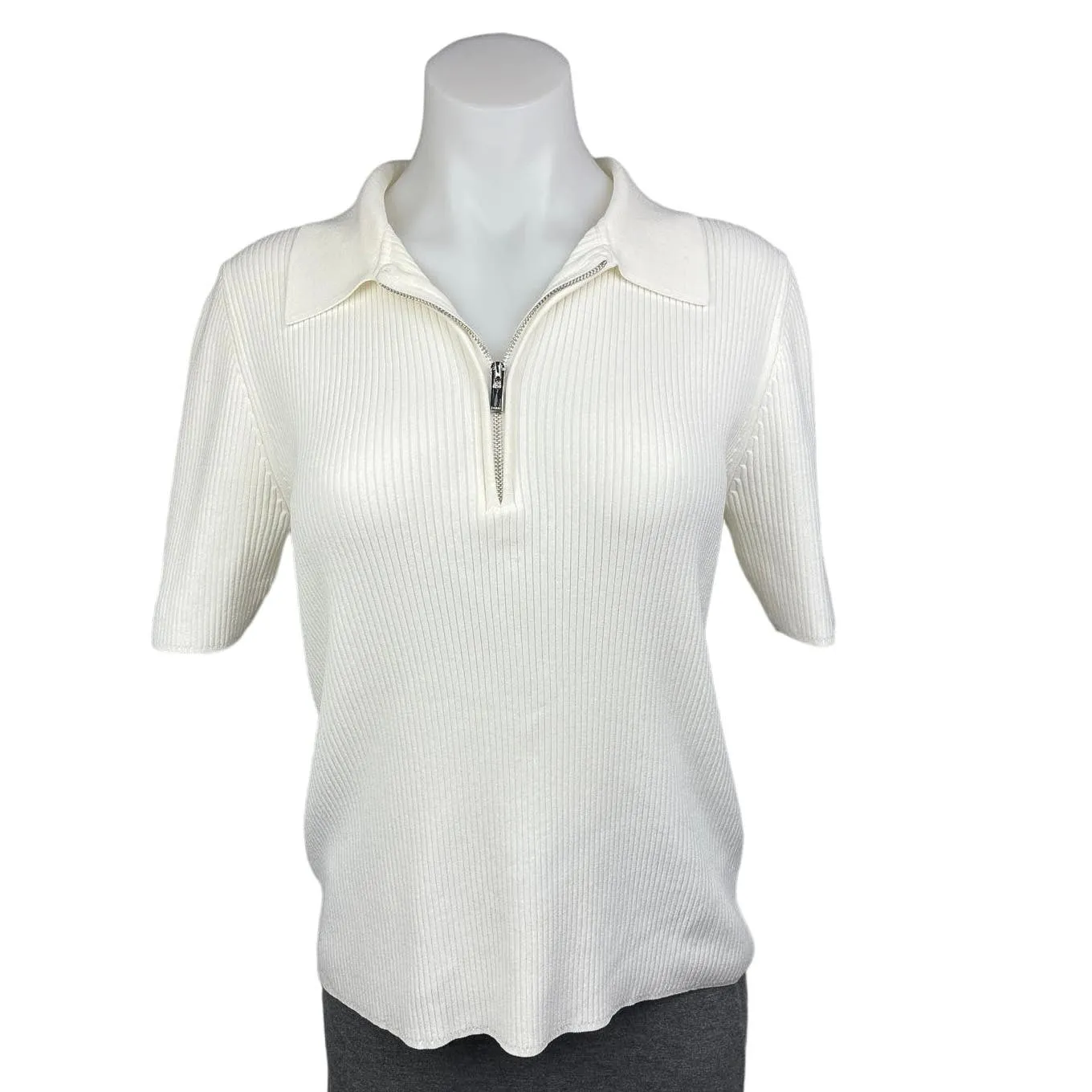 Reiss Tia Cream Ribbed Polo 1/4 Zip Short Sleeve Stretch Sweater Knit Top Size L