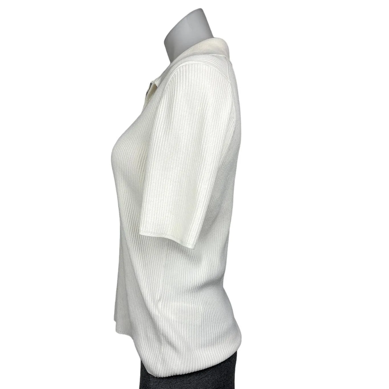 Reiss Tia Cream Ribbed Polo 1/4 Zip Short Sleeve Stretch Sweater Knit Top Size L