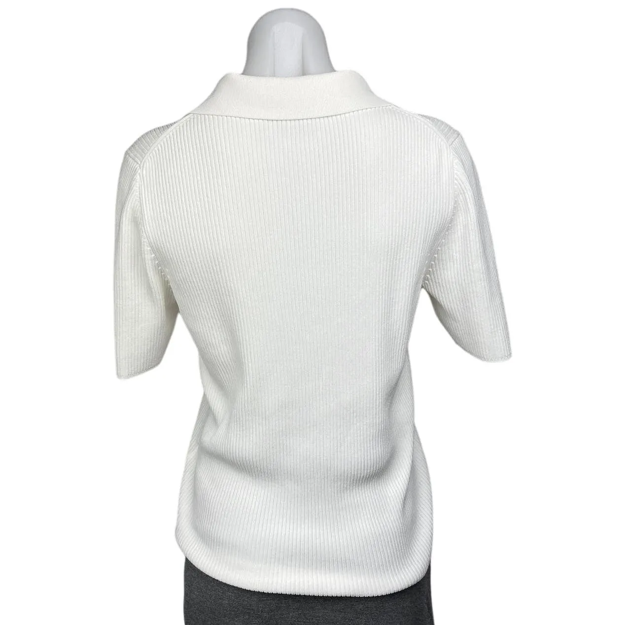 Reiss Tia Cream Ribbed Polo 1/4 Zip Short Sleeve Stretch Sweater Knit Top Size L