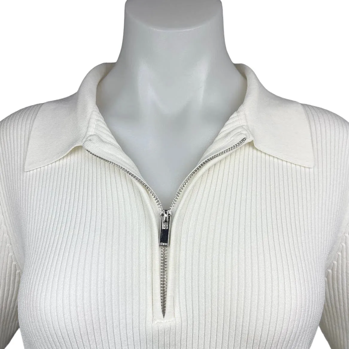 Reiss Tia Cream Ribbed Polo 1/4 Zip Short Sleeve Stretch Sweater Knit Top Size L