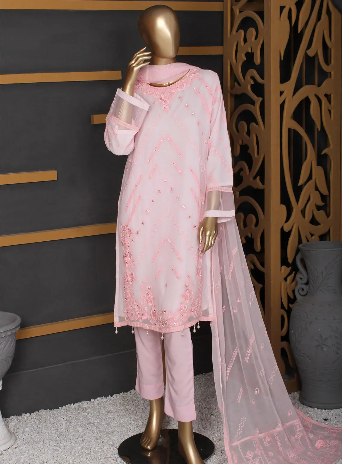 Romosh Fancy Embroidered Chiffon 3 Piece Stitched Suit - RNPC24FE RO-140 PINK PARADISE