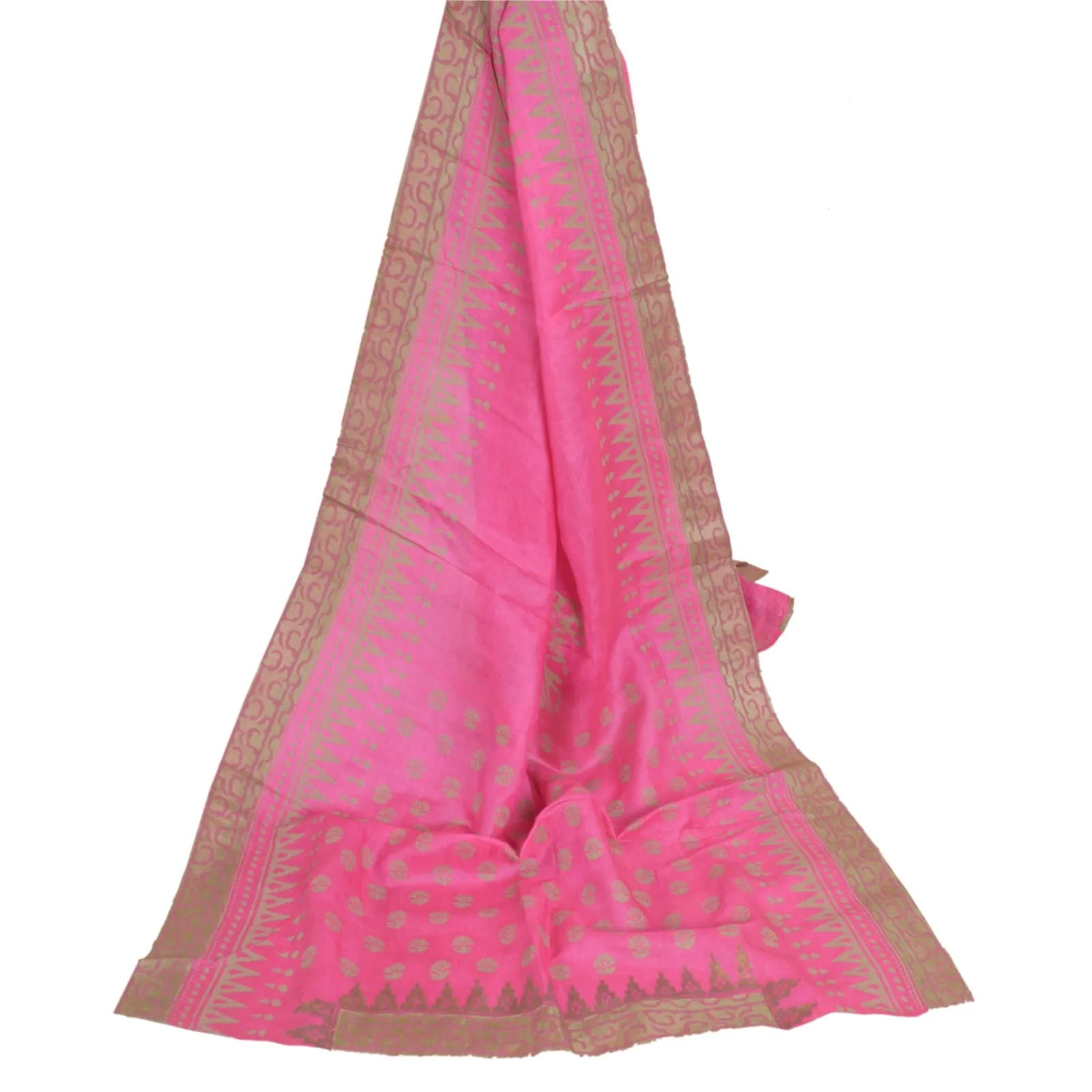 Sanskriti Vintage Long Dupatta Stole Pure Silk Hot Pink Hand-Block Printed Veil