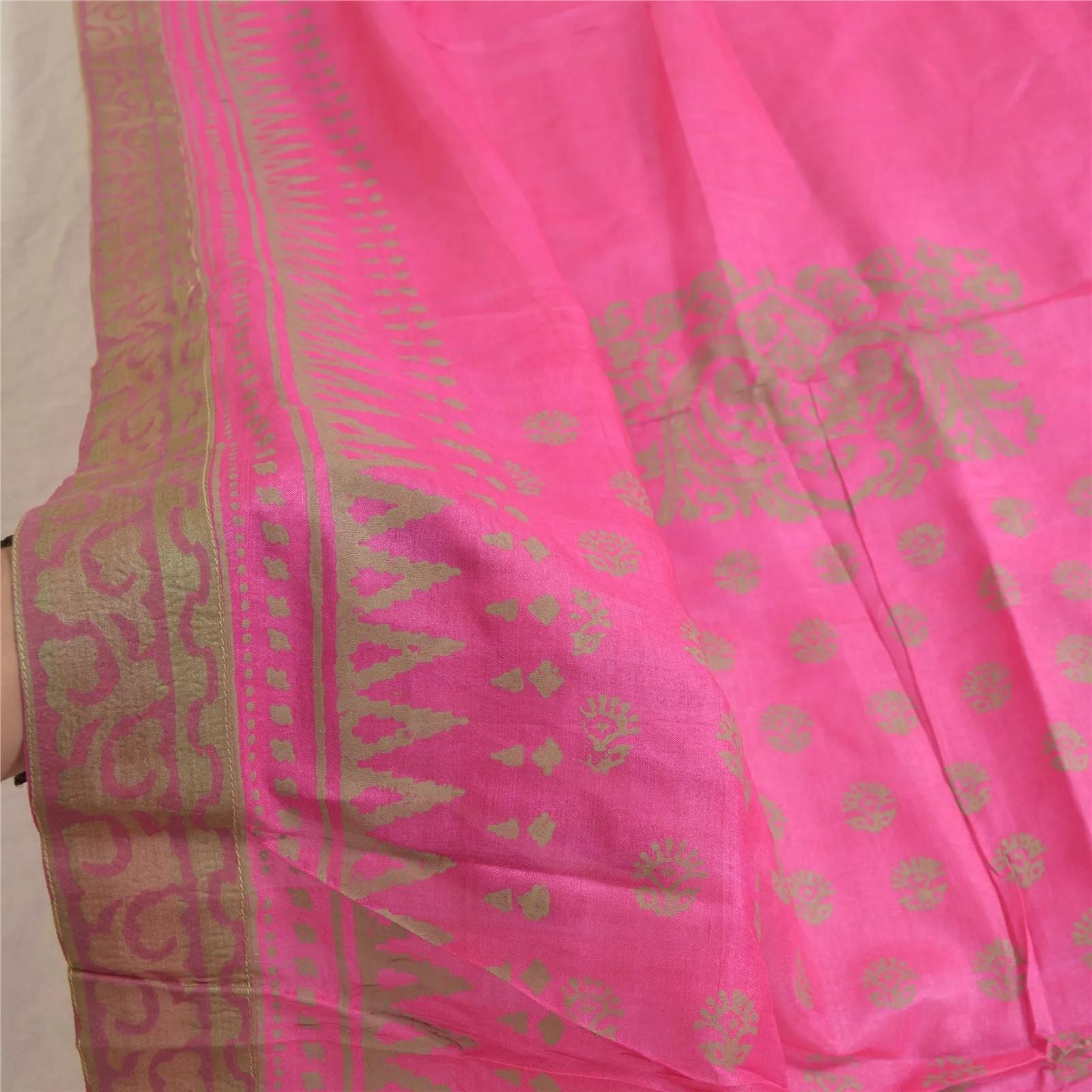 Sanskriti Vintage Long Dupatta Stole Pure Silk Hot Pink Hand-Block Printed Veil