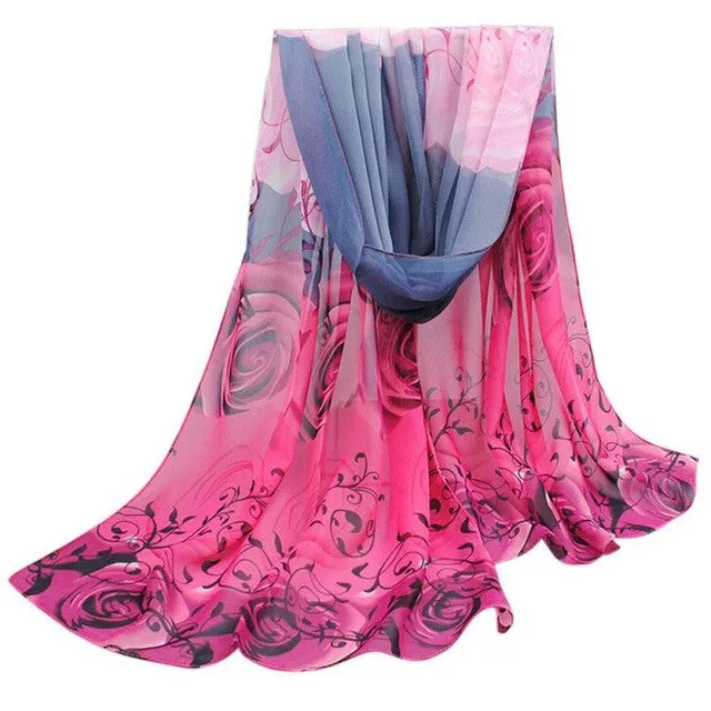 Scarf Women Beautiful Rose Print Pattern Chiffon Shawl Wrap Women Ladies Scarves Female Echarpe Hiver Femme SM6