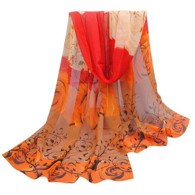 Scarf Women Beautiful Rose Print Pattern Chiffon Shawl Wrap Women Ladies Scarves Female Echarpe Hiver Femme SM6