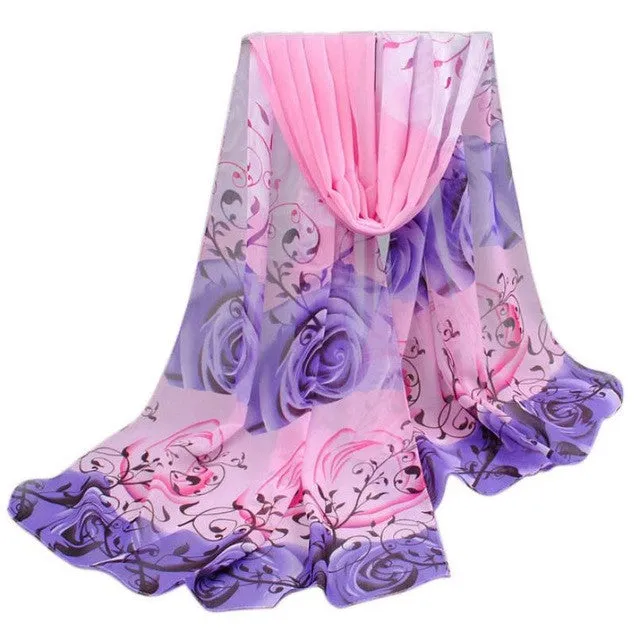 Scarf Women Beautiful Rose Print Pattern Chiffon Shawl Wrap Women Ladies Scarves Female Echarpe Hiver Femme SM6