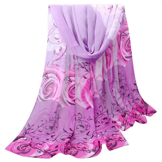 Scarf Women Beautiful Rose Print Pattern Chiffon Shawl Wrap Women Ladies Scarves Female Echarpe Hiver Femme SM6